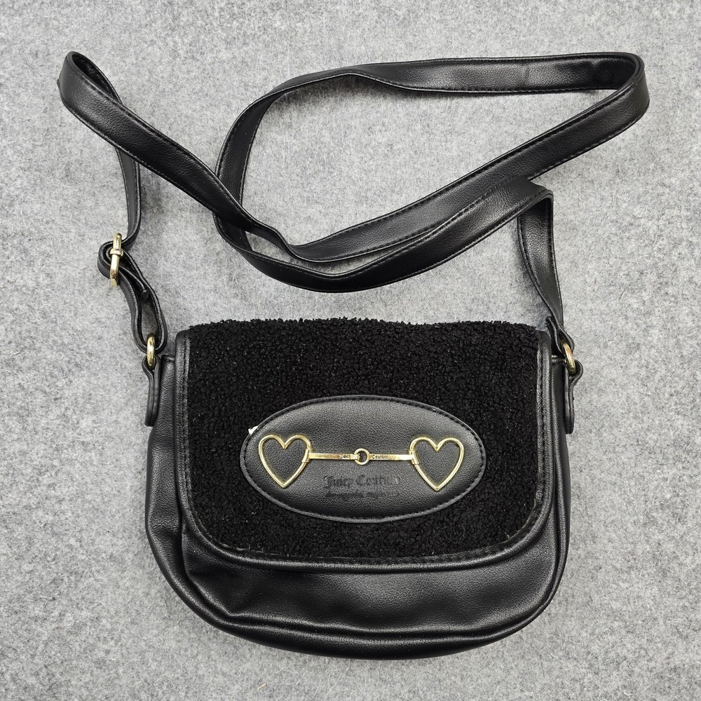 Juicy Couture Crossbody Bag‎ Womens Small Black Faux Leather Heart Logo Charm